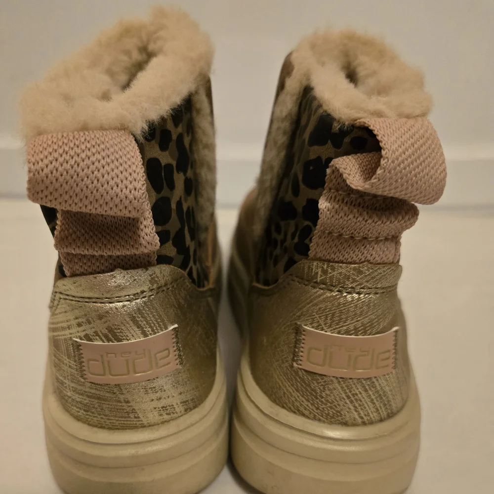 Hey Dude Kids Brown Suede Slip-On Boots with Gold Accent and Leopard Print